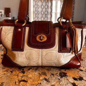 Cache Ivory and Brown Leather Shoulder Satchel with Tassel